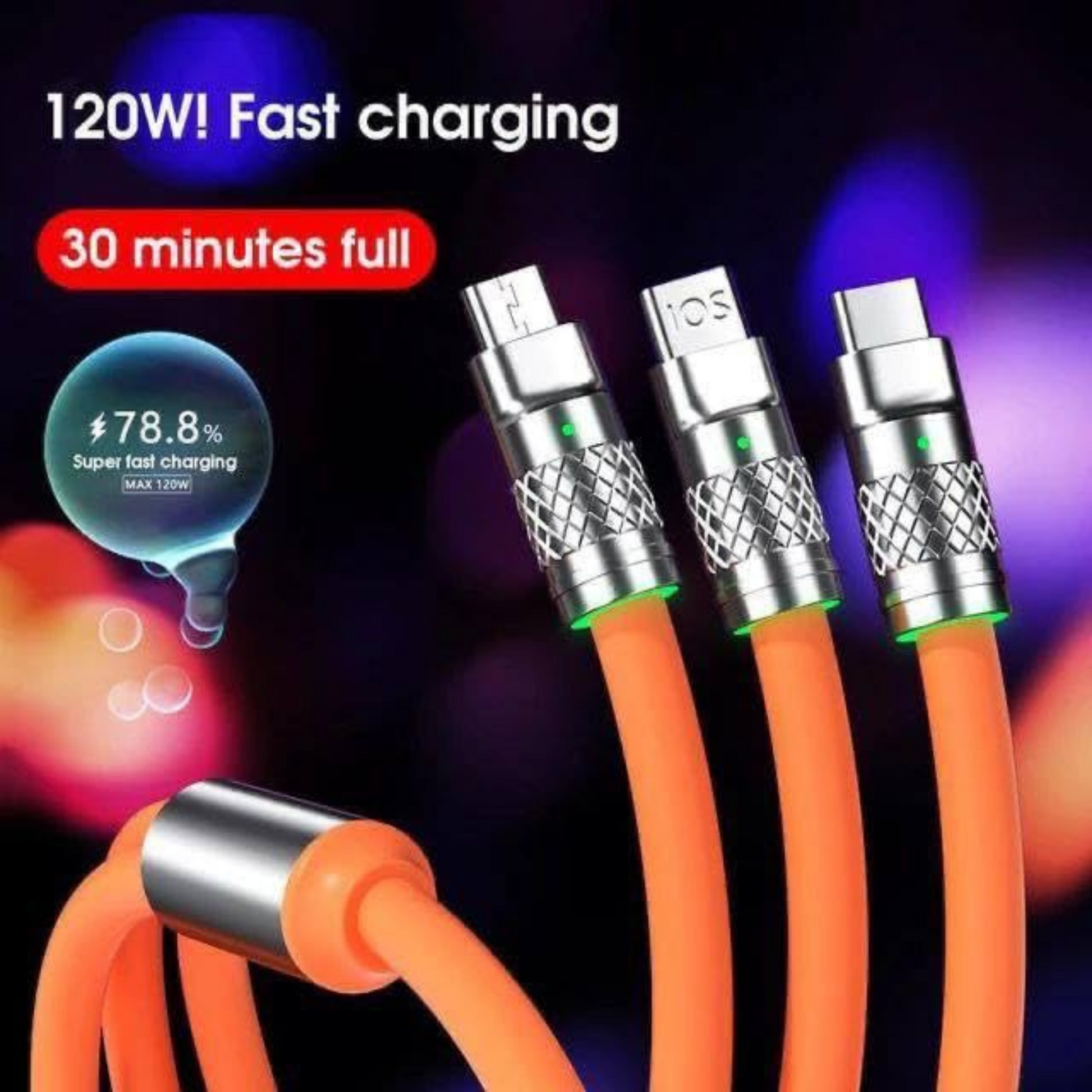 Ultra-fast 3-in-1 charging cable with anti-break and bending-resistant design.

