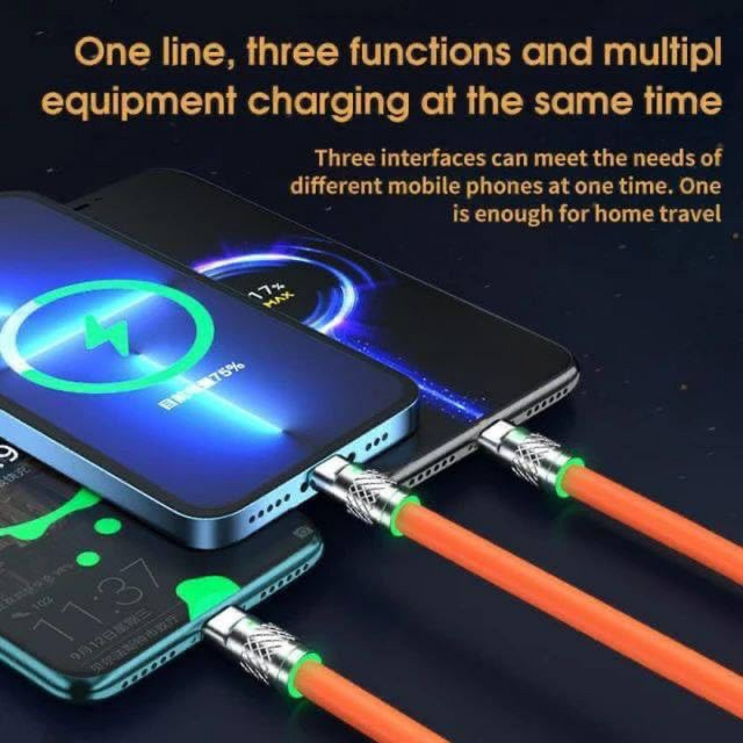 120W 3-in-1 Super VOOC 3.0 Cable | Ultra-Fast Multi Cable | All-in-One Charger for Micro USB, Lightning & Type-C