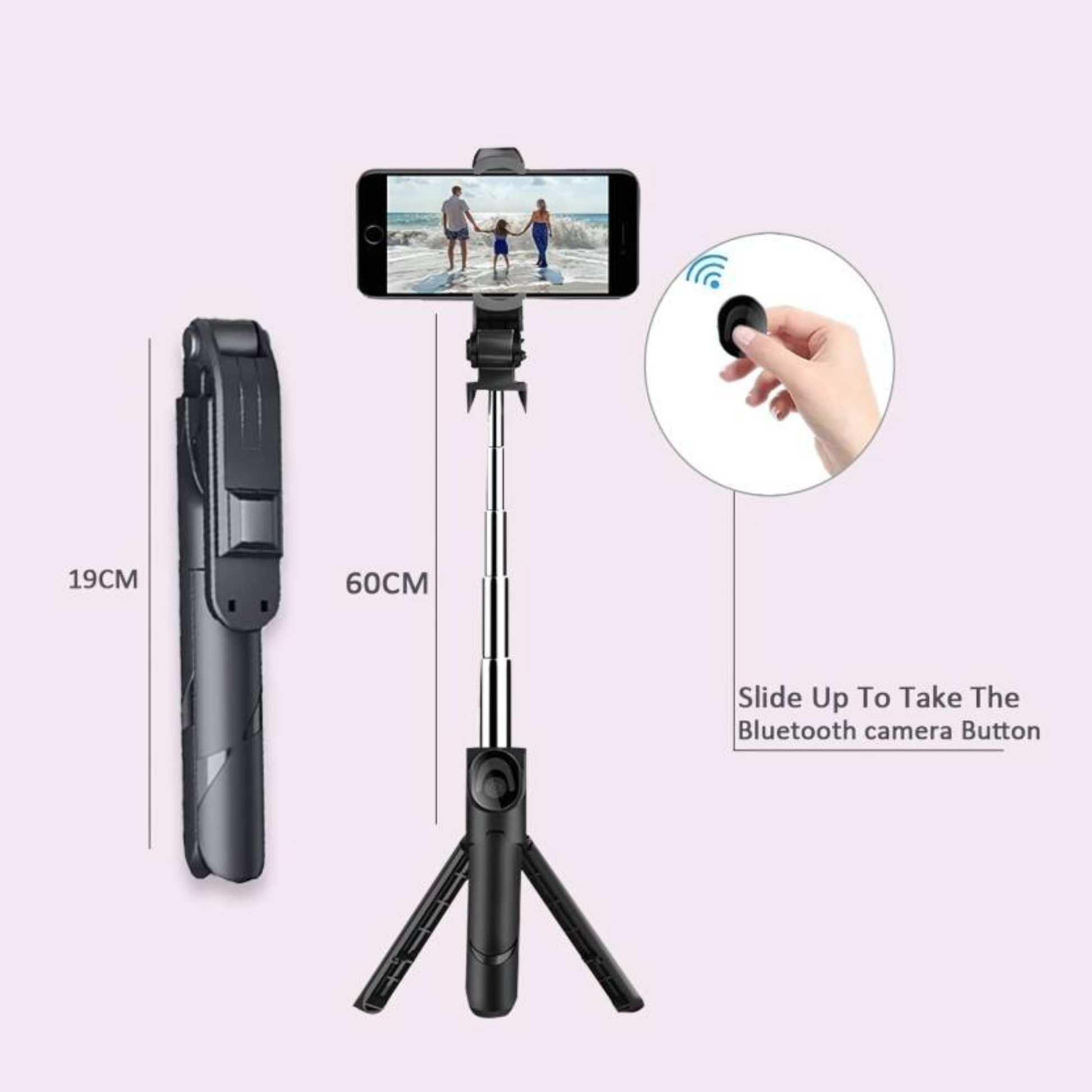 Adjustable and extendable tripod selfie stick for Android and iOS smartphones.