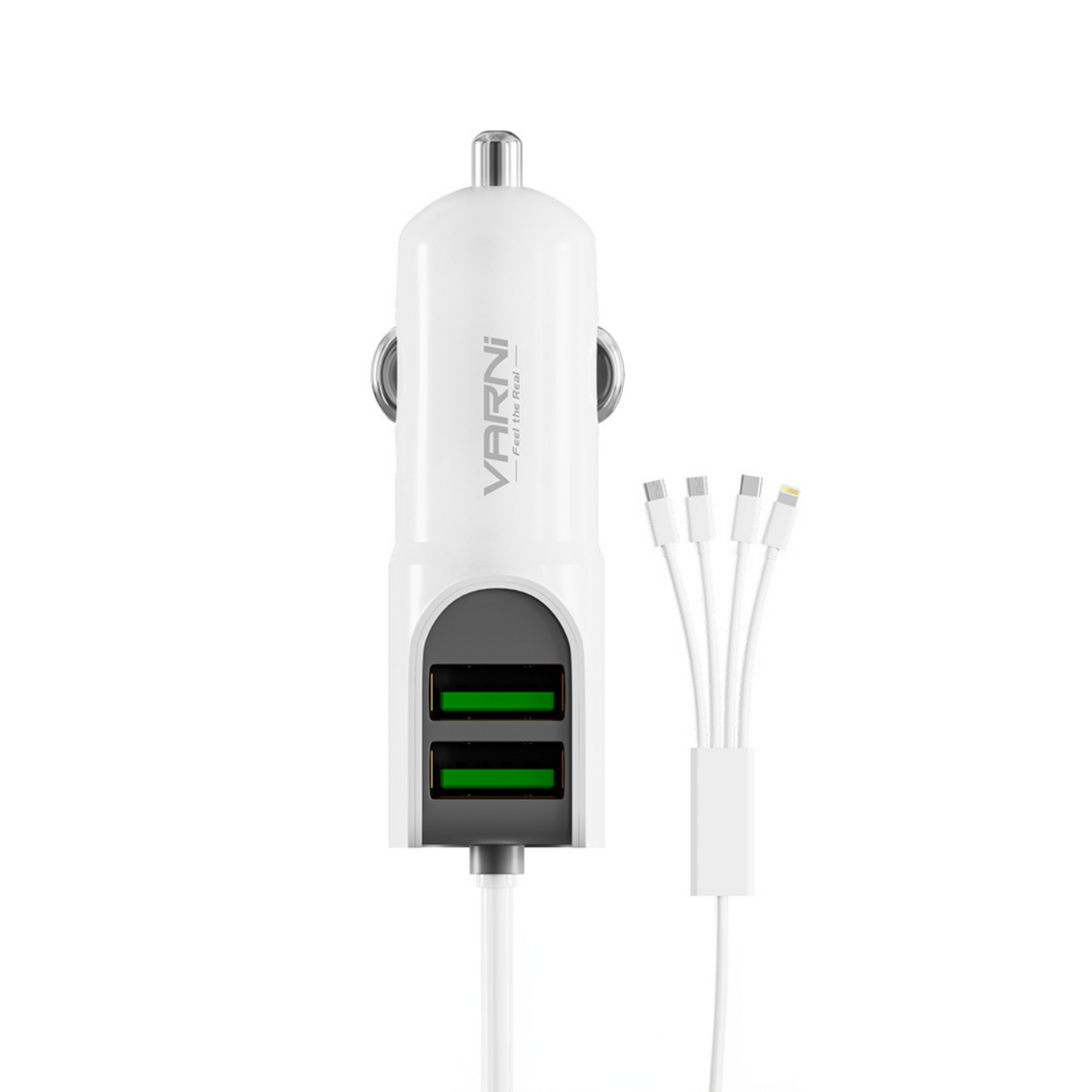 Compact 4-in-1 car charger with USB ports and built-in charging cables.
