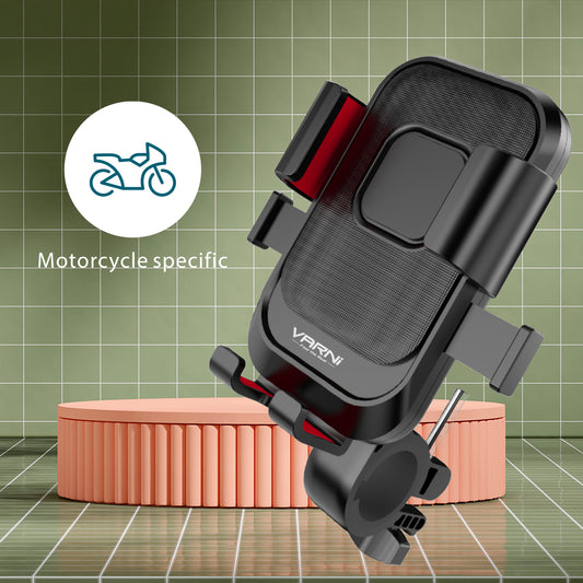 Motorcycle phone holder securely mounted on a bike handlebar.