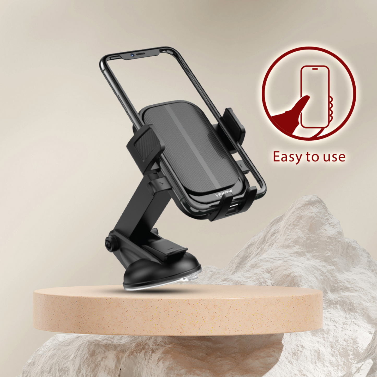One-touch lock and unlock mobile holder for car dashboards and windshields.