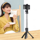 Stainless steel selfie stick with tripod for hands-free video recording.

